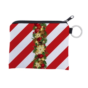 Close-up of waterproof Christmas coin purse with red diagonal stripes and floral wreath