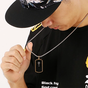 Men's stainless steel military tag necklace with black and gold cross pendant