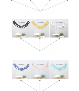 Detail of Happy Birthday banners in glitter gold, silver and pearl finishes