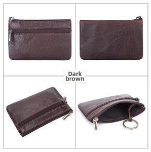 Macro views showing dark brown leather coin purse with zippers and key ring