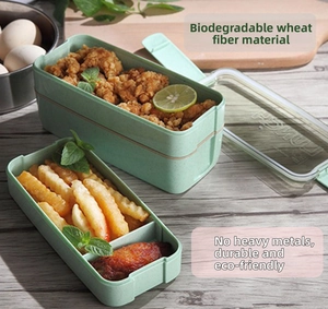 Detailed macro view of eco-friendly wheat straw lunch box with two layers and sealing lid