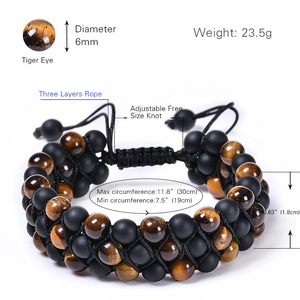 Adjustable triple-layer woven bracelet with 6mm tiger eye and matte black beads