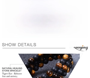 Macro shot of triple-layer braided bracelet with 6mm tiger eye and matte stone beads