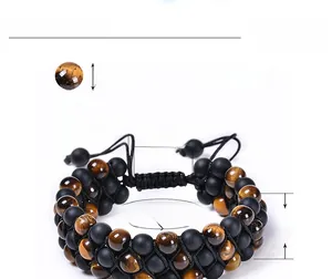 Macro shot of triple-layer braided tiger eye and matte stone bracelet showing dimensions