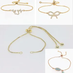 Adjustable gold plated copper slider box chains with heart, butterfly and evil eye charms