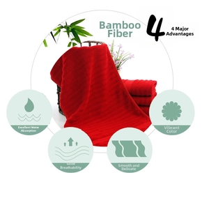Detailed texture of red bamboo fiber towel with vertical stripe weave pattern