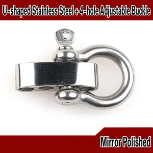 Close-up of mirror-polished stainless steel U-shaped shackle with 4-hole adjustment buckle