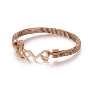 Rose gold mesh bracelet featuring a modern cursive Love charm on a white background