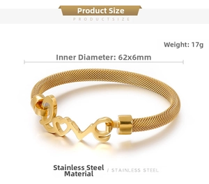 Detail view of gold stainless steel mesh Love bracelet with 62x6mm dimensions and 17g weight