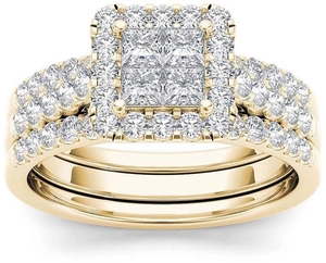 Set di anelli nuziali placcati in oro con taglio principessa e pavé di zirconi cubici
