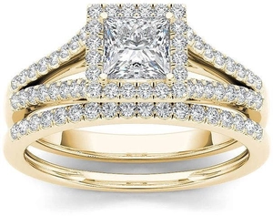 Set di anelli da sposa in oro con zircone quadrato taglio princess e dettagli scintillanti