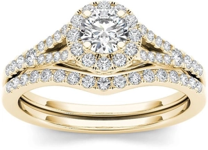Set nuziale di lusso placcato oro giallo 18k con diamante halo e fedi in pavé di diamanti