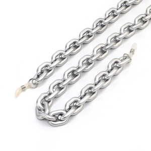 Detail of matte silver chunky acrylic glasses chain with non-slip rubber loop ends