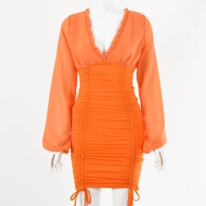 Deep V-neck orange bodycon mini dress with ruffle trim and drawstring ruched details