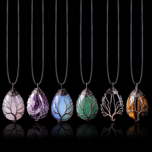 Water-drop natural crystal wire wrapped Tree of Life pendant necklaces in 6 stone types