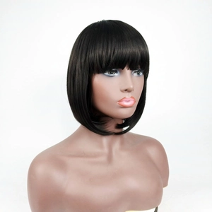 Classic black short bob wig with flat bangs and inner-buckle ends on a model head