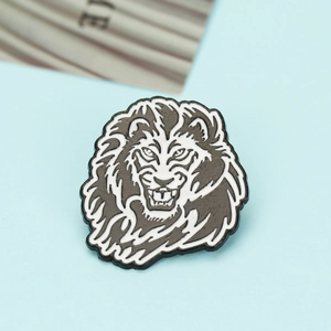 Classic black and white enamel lion head brooch with detailed metallic finish for fashion