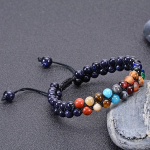 Double-layer Eight Planets natural stone braided bracelet with blue sandstones on raw stone