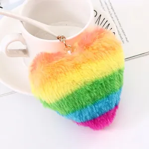 Rainbow heart faux fur keychain accessory with golden metal clip for bags and keys