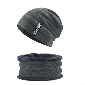 Winter knit beanie and neck warmer set in dark grey with warm fleece lining for cold weather