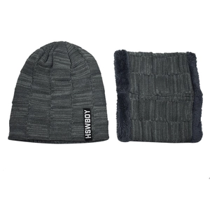 Grey winter knitted hat and neck warmer set with thick fleece lining for men and women