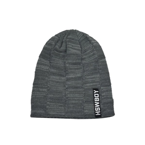 Winter knitted beanie in grey checkerboard pattern with warm fleece lining and brand tag