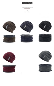 Detail of fleece-lined knit beanies and neck warmers in five solid classic colors
