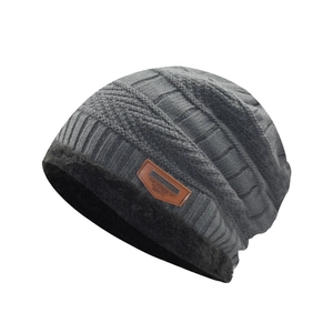 Classic dark grey thick knit beanie for winter with fleece lining and leather patch