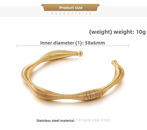 Detailed view of coiled titanium steel bracelet with size specs and rose gold finish