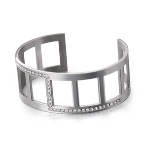 Modern silver striped titanium steel bangle with sparkling rhinestone geometric cutouts