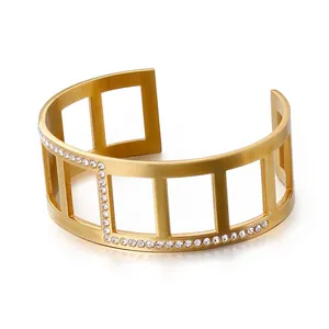 Modern Stainless Steel Open Bangle For Women Geometric Hollow Rectangular Rhinestone Inlaid Fashion Jewelry Statement Cuff
