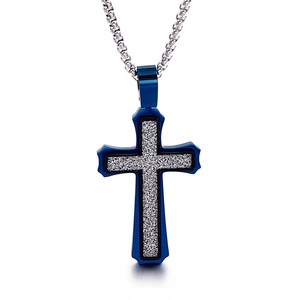 Mens silver box chain necklace with blue cross pendant featuring silver glitter inlay