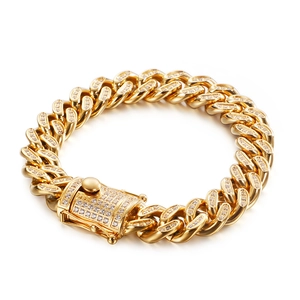 Hip hop style gold Cuban link bracelet with CNC set diamonds and secure spring clasp