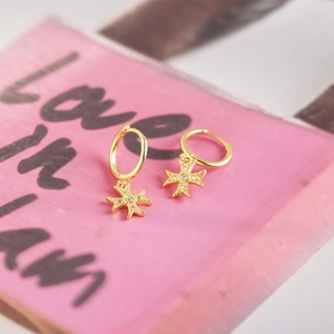 Detailed macro view of gold-plated silver cross earrings with sparkling crystals