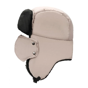 Winter thermal trapper hat with windproof fabric and soft black faux fur lining