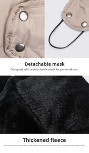 Detail of detachable beige mask with snap buttons and thick warm black faux fur lining