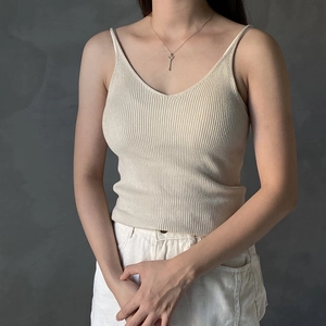 Detail of beige ribbed knit camisole with thin straps and a soft V-neckline design