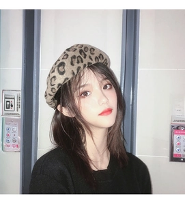 Leopard print beret for women, casual vintage painter hat shown on a female model