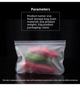 Detailed view of reusable EVA food storage bag with specifications and contents