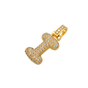 Close-up of gold plated letter I pendant with sparkling cubic zirconia stones