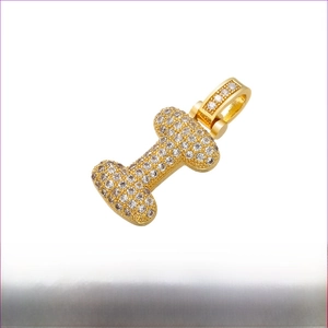 Detailed view of iced out gold brass letter I pendant with dimensions 20mm by 29mm