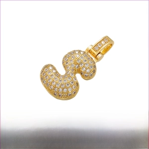 Macro view of gold brass letter S pendant with clear zircons and detailed measurements