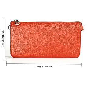 Orange lychee grain leather wallet 190mm long and 95mm wide with silver metal zipper
