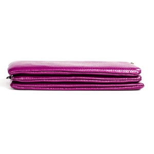 Detail view of the purple genuine leather crossbody bag featuring a three-layer structure