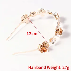 Golden alloy headband with hollow metal flowers and white pearls on white background