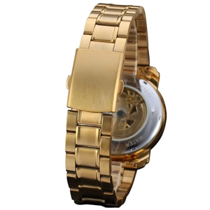 Exquisite gold stainless steel automatic watch featuring a transparent exhibition case back