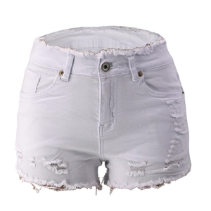 Detailed view of white distressed denim shorts with frayed hems and ripped texture