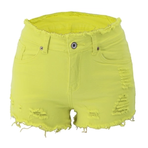 Detail of bright yellow distressed denim shorts with ripped holes and metal button