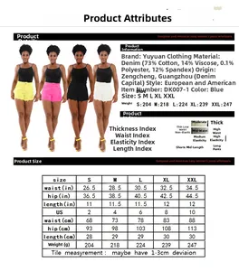 Detailed size chart for high stretch distressed denim shorts available in multiple colors