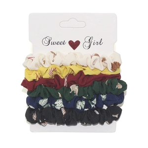 6-pack floral satin scrunchies set in various colors with elegant pleated fabric design